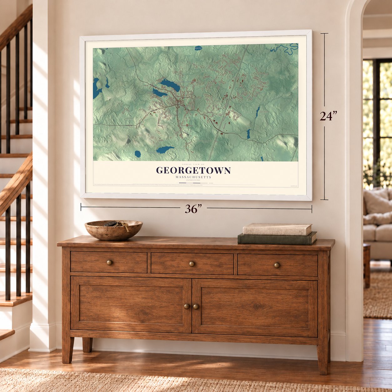 Georgetown, Massachusetts map, 24 x 36 inch print in a white frame above a dresser by a staircase