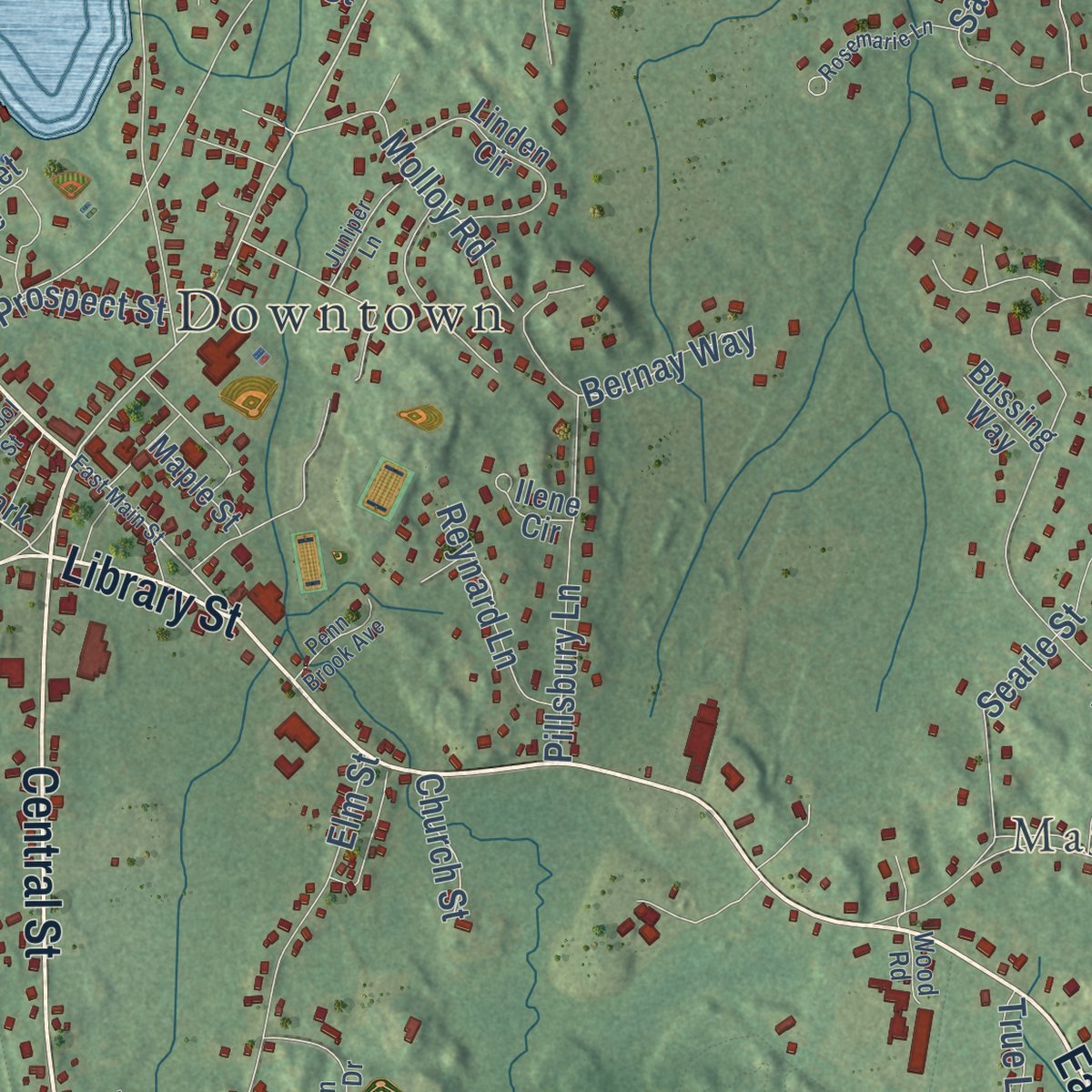 Second close-up of the map of Georgetown, Massachusetts print showing more streets and buildings