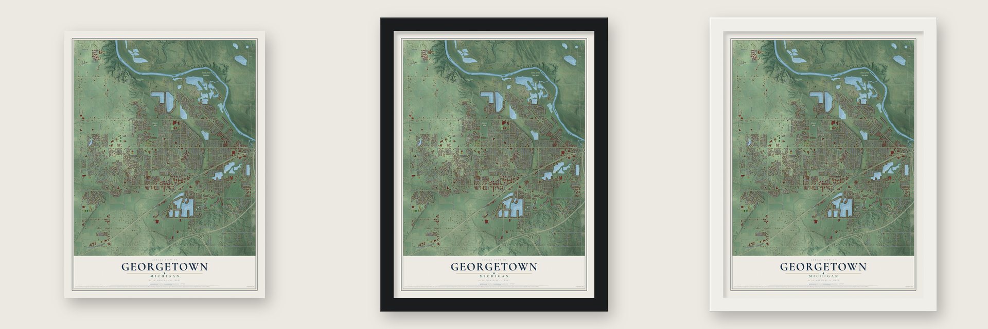 Georgetown, Michigan map unframed, in a black wood frame and in a white wood frame
