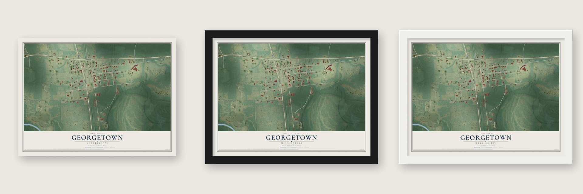 Georgetown, Mississippi map unframed, in a black wood frame and in a white wood frame