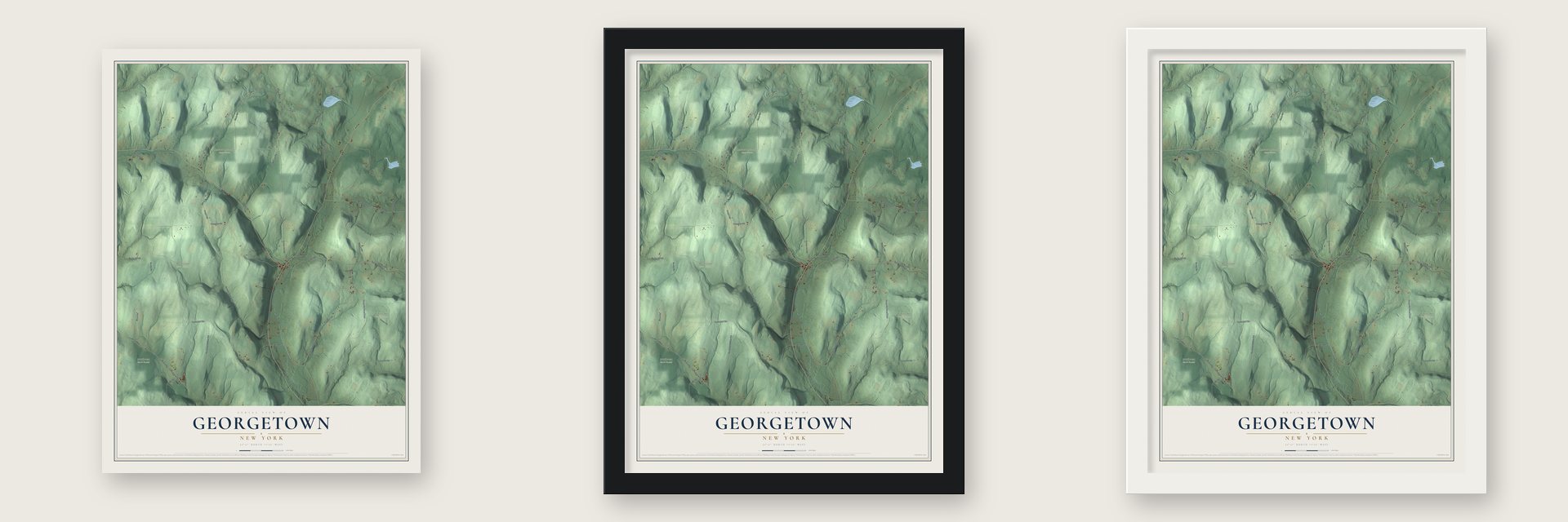 Georgetown, New York map unframed, in a black wood frame and in a white wood frame