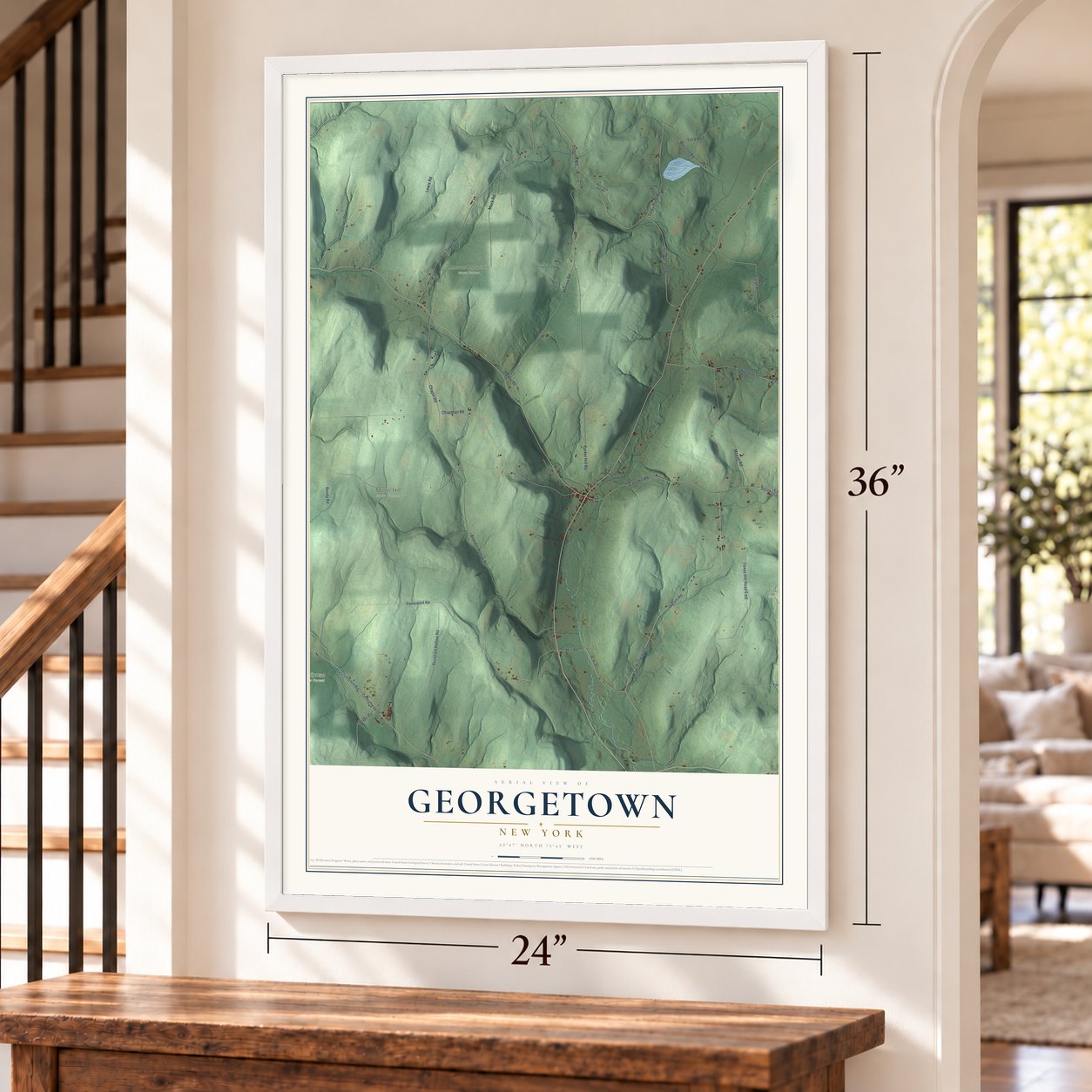 Georgetown, New York map, 24 x 36 inch print in a white frame by a staircase