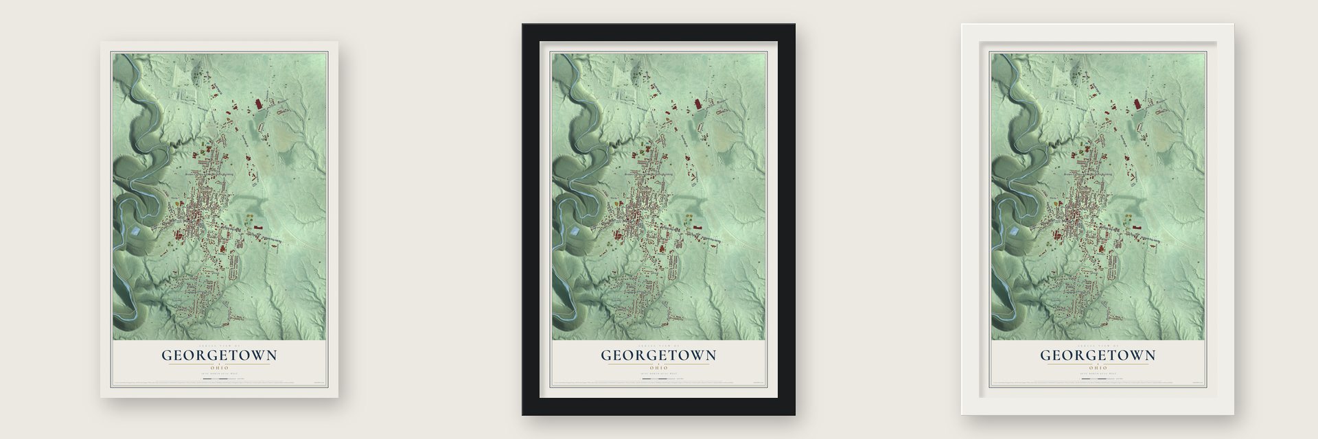 Georgetown, Ohio map unframed, in a black wood frame and in a white wood frame