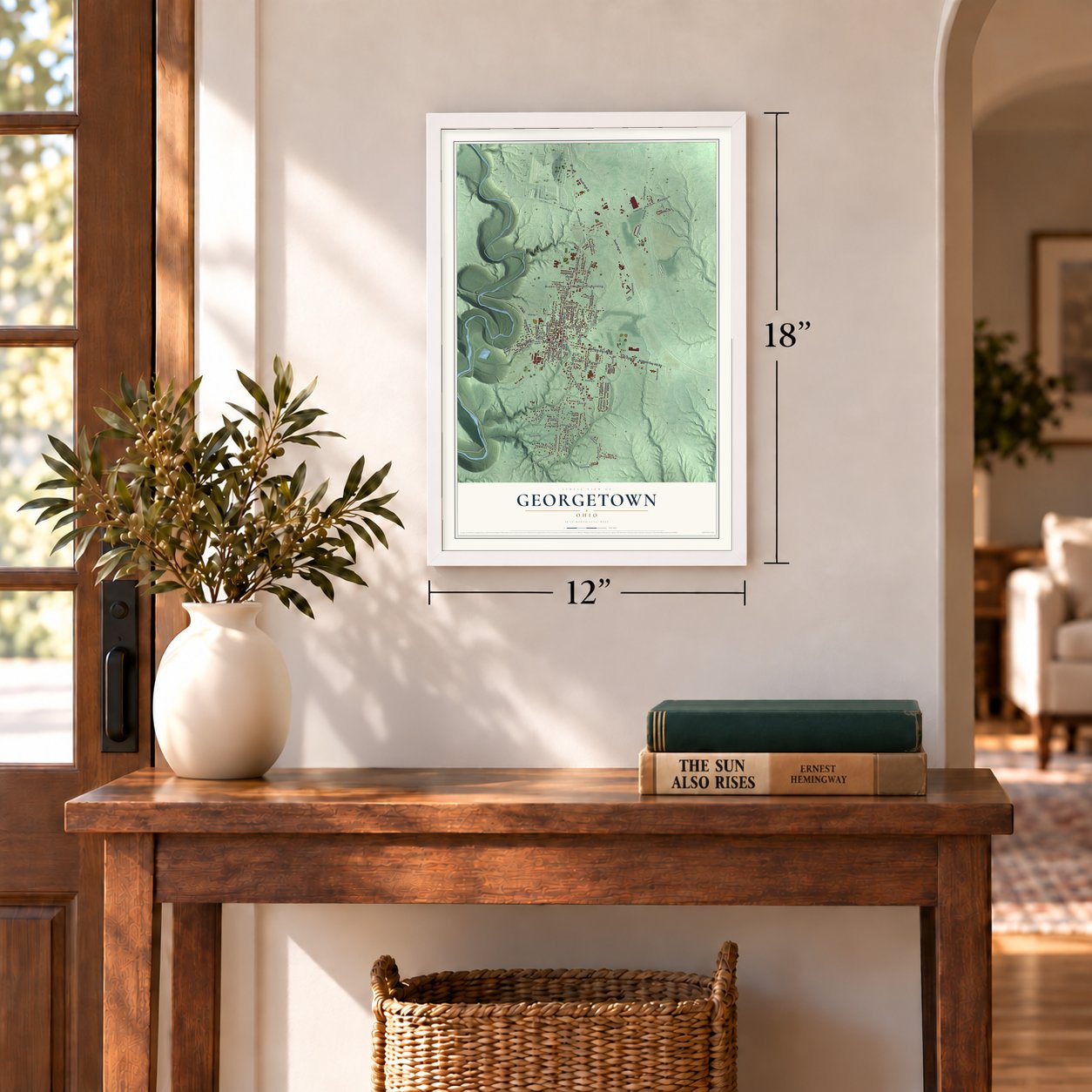 Georgetown, Ohio map, 12 x 18 inch print in a white frame in an entryway