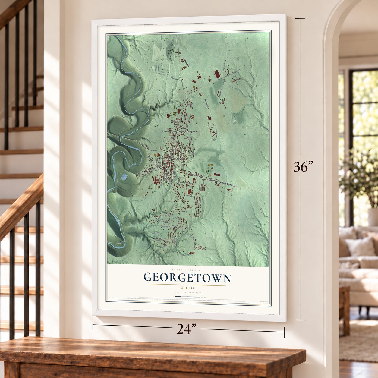 Georgetown, Ohio map, 24 x 36 inch print in a white frame by a staircase