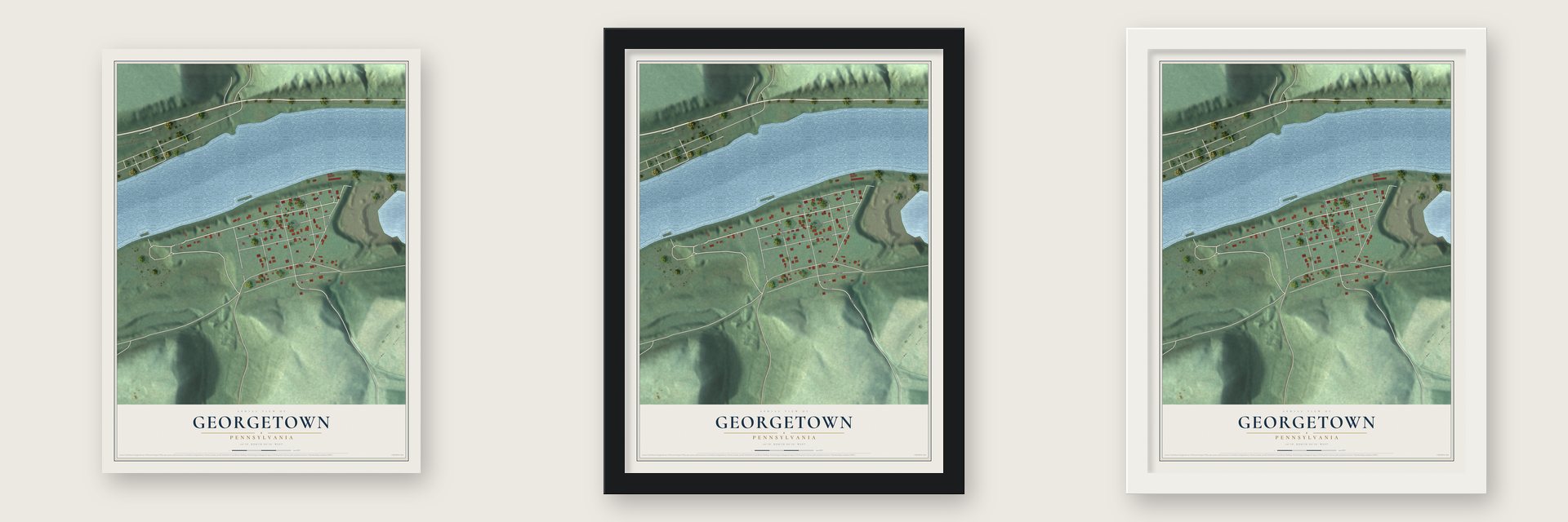 Georgetown, Pennsylvania map unframed, in a black wood frame and in a white wood frame