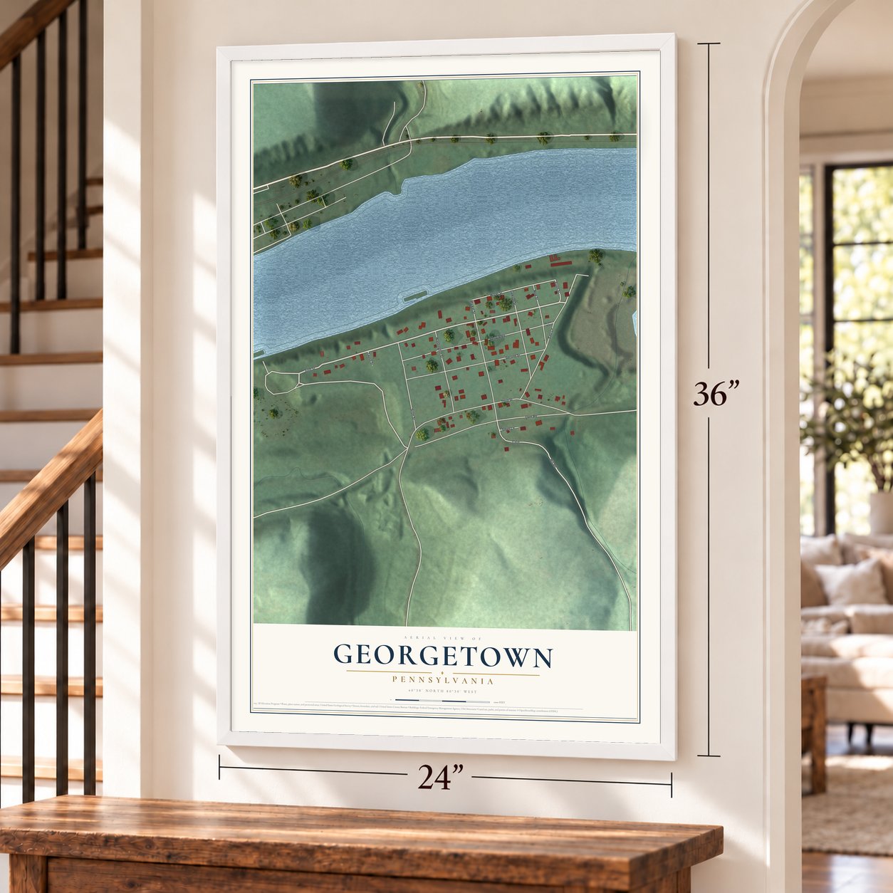 Georgetown, Pennsylvania map, 24 x 36 inch print in a white frame by a staircase