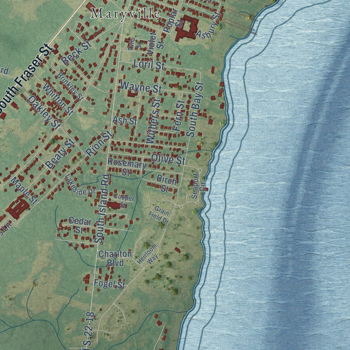 Second close-up of the map of Georgetown, South Carolina print showing more streets and buildings