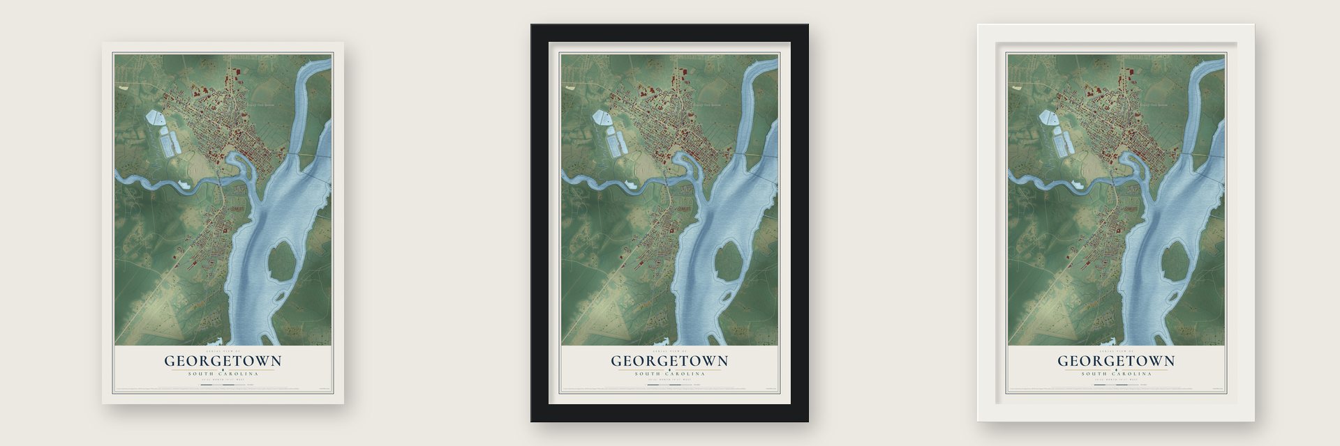 Georgetown, South Carolina map unframed, in a black wood frame and in a white wood frame