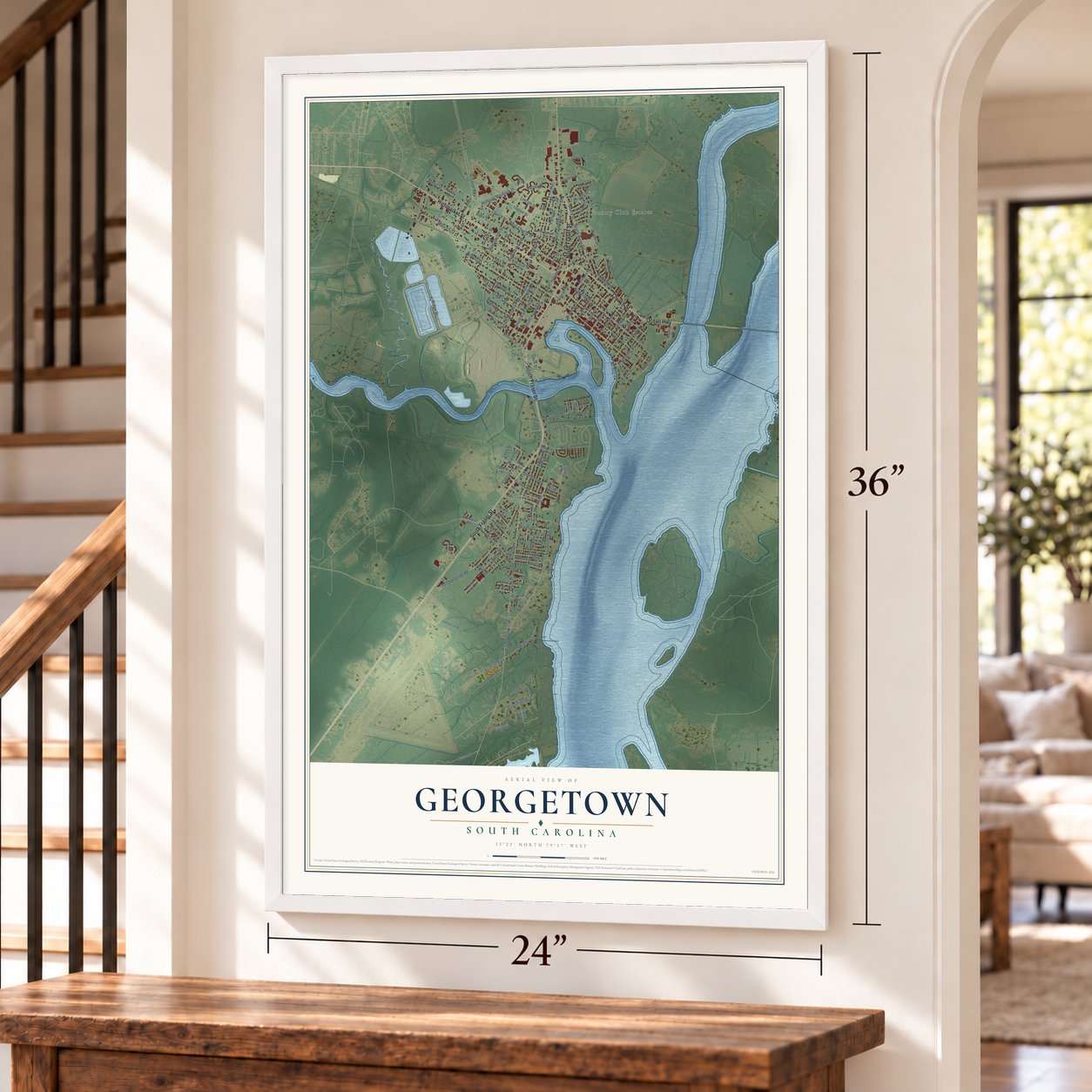 Georgetown, South Carolina map, 24 x 36 inch print in a white frame by a staircase