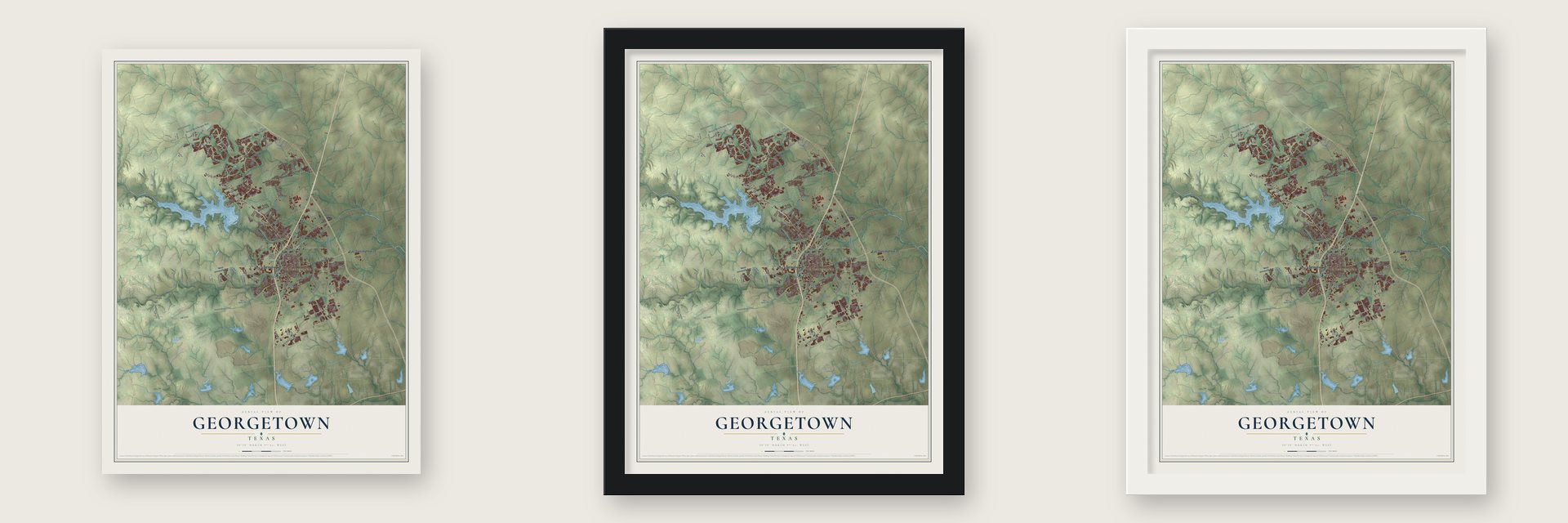 Georgetown, Texas map unframed, in a black wood frame and in a white wood frame
