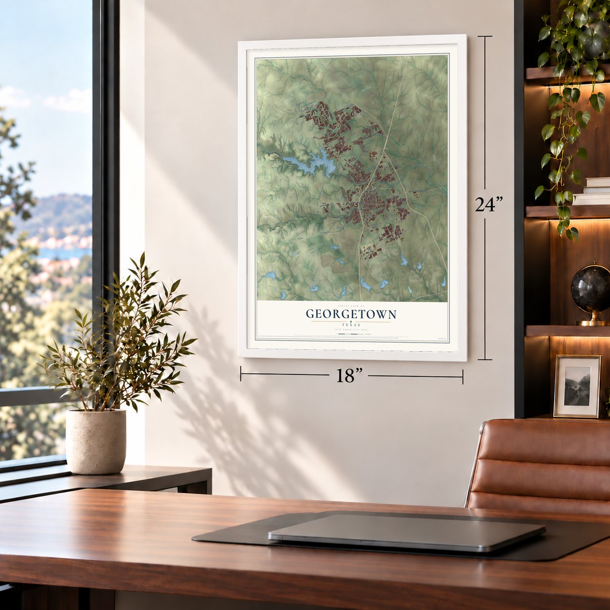 Georgetown, Texas map, 18 x 24 inch print in a white frame in a home office