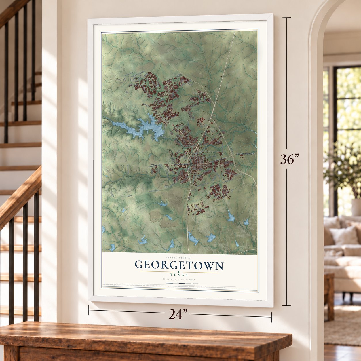 Georgetown, Texas map, 24 x 36 inch print in a white frame by a staircase