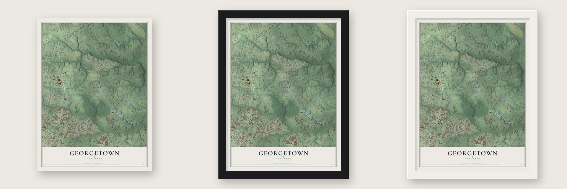 Georgetown, Virginia map unframed, in a black wood frame and in a white wood frame
