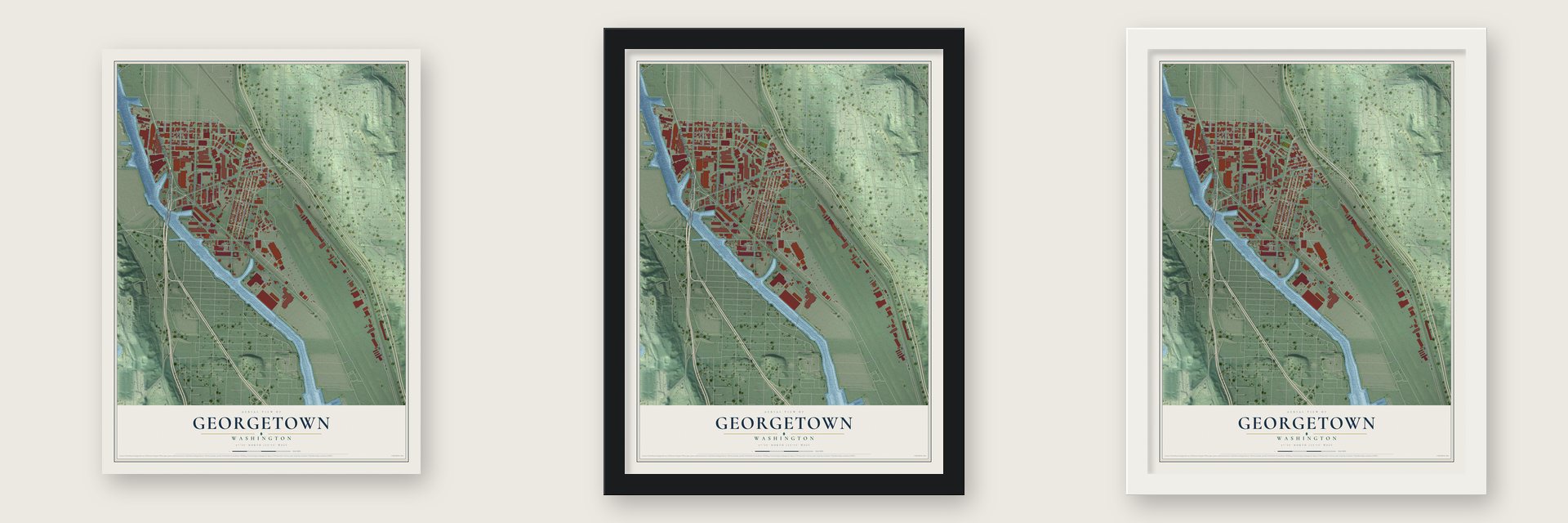 Georgetown, Washington map unframed, in a black wood frame and in a white wood frame