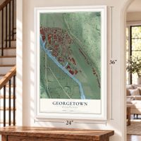 Georgetown, Washington map, 24 x 36 inch print in a white frame by a staircase