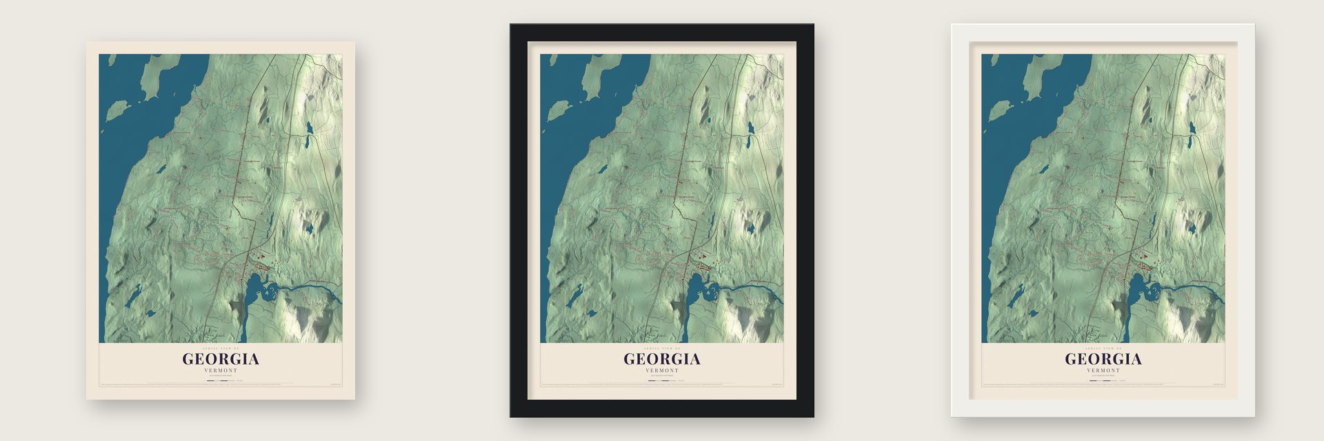 Georgia, Vermont map unframed, in a black wood frame and in a white wood frame
