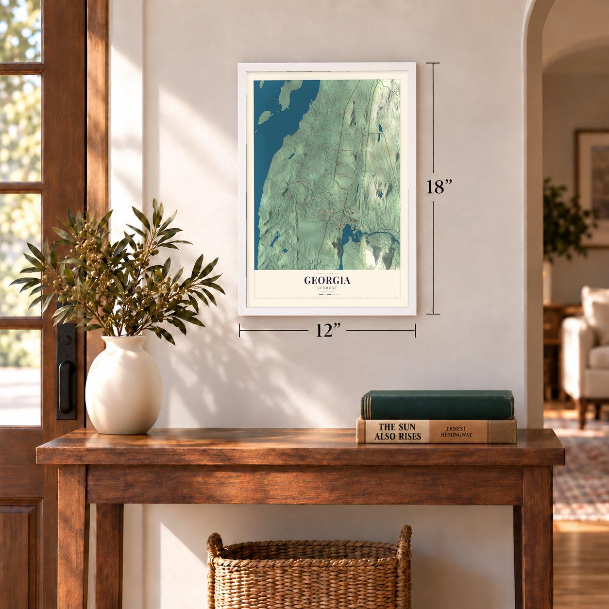 Georgia, Vermont map, 12 x 18 inch print in a white frame in an entryway