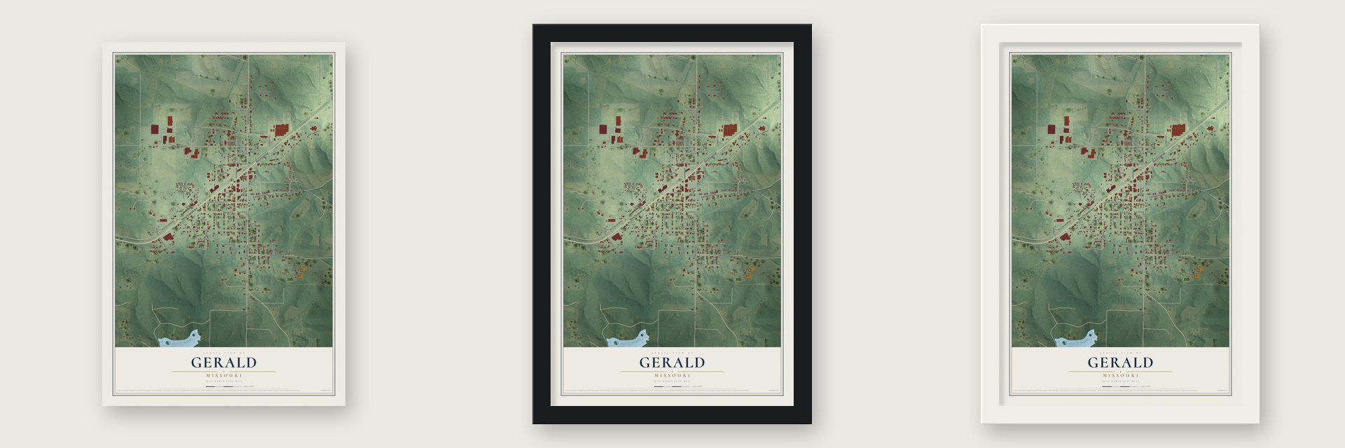 Gerald, Missouri map unframed, in a black wood frame and in a white wood frame