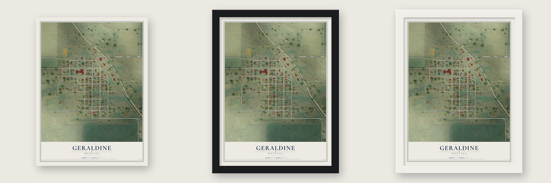 Geraldine, Montana map unframed, in a black wood frame and in a white wood frame
