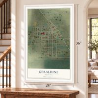 Geraldine, Montana map, 24 x 36 inch print in a white frame by a staircase