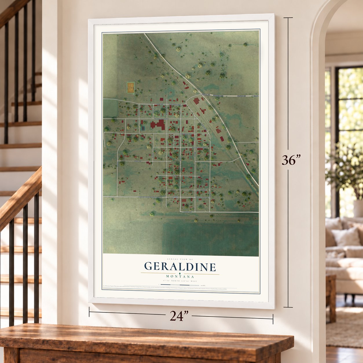 Geraldine, Montana map, 24 x 36 inch print in a white frame by a staircase