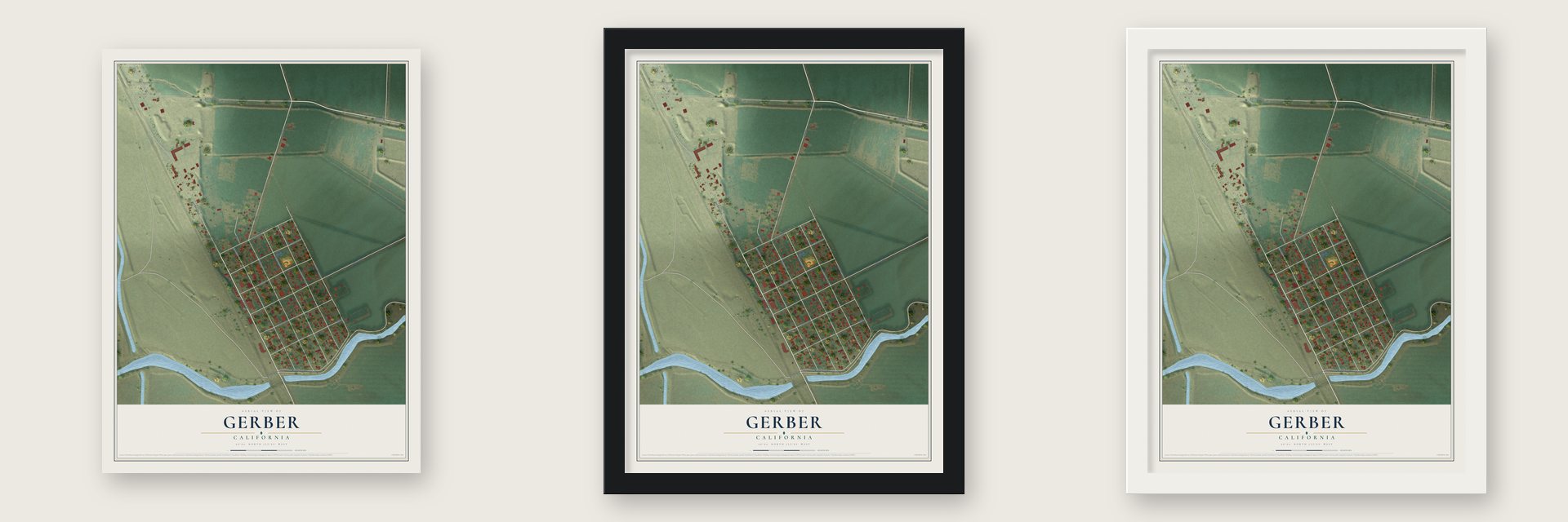 Gerber, California map unframed, in a black wood frame and in a white wood frame