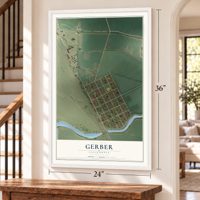 Gerber, California map, 24 x 36 inch print in a white frame by a staircase