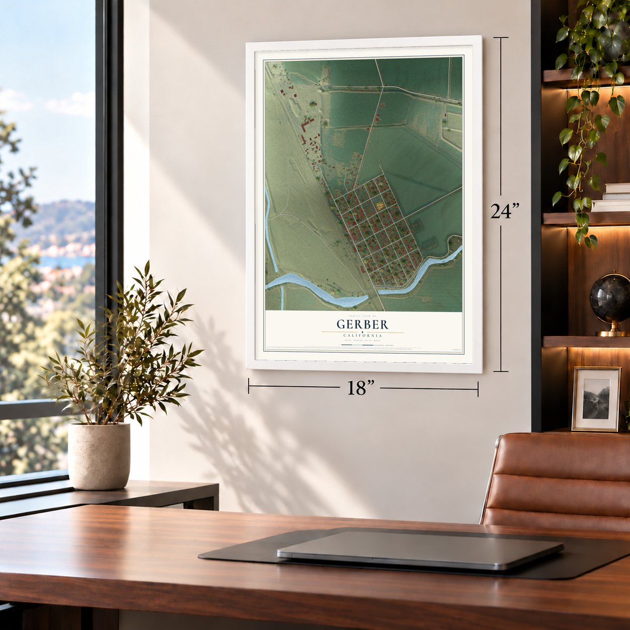 Gerber, California map, 18 x 24 inch print in a white frame in a home office