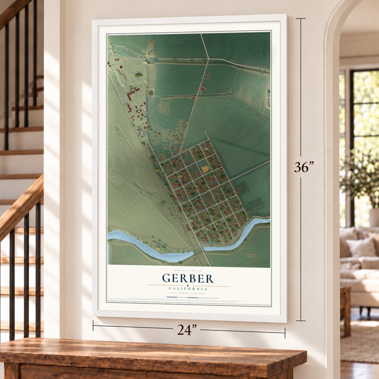 Gerber, California map, 24 x 36 inch print in a white frame by a staircase