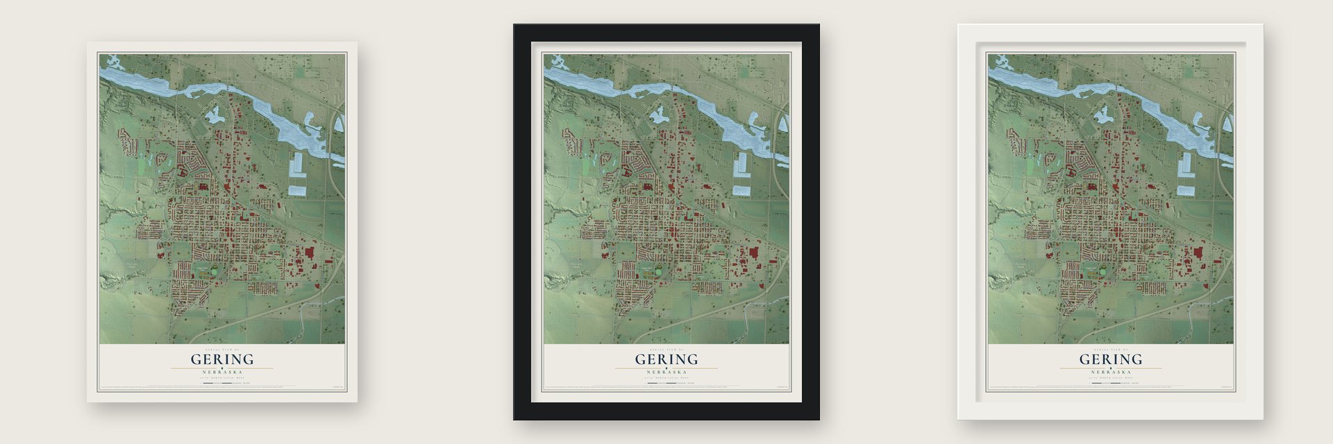Gering, Nebraska map unframed, in a black wood frame and in a white wood frame