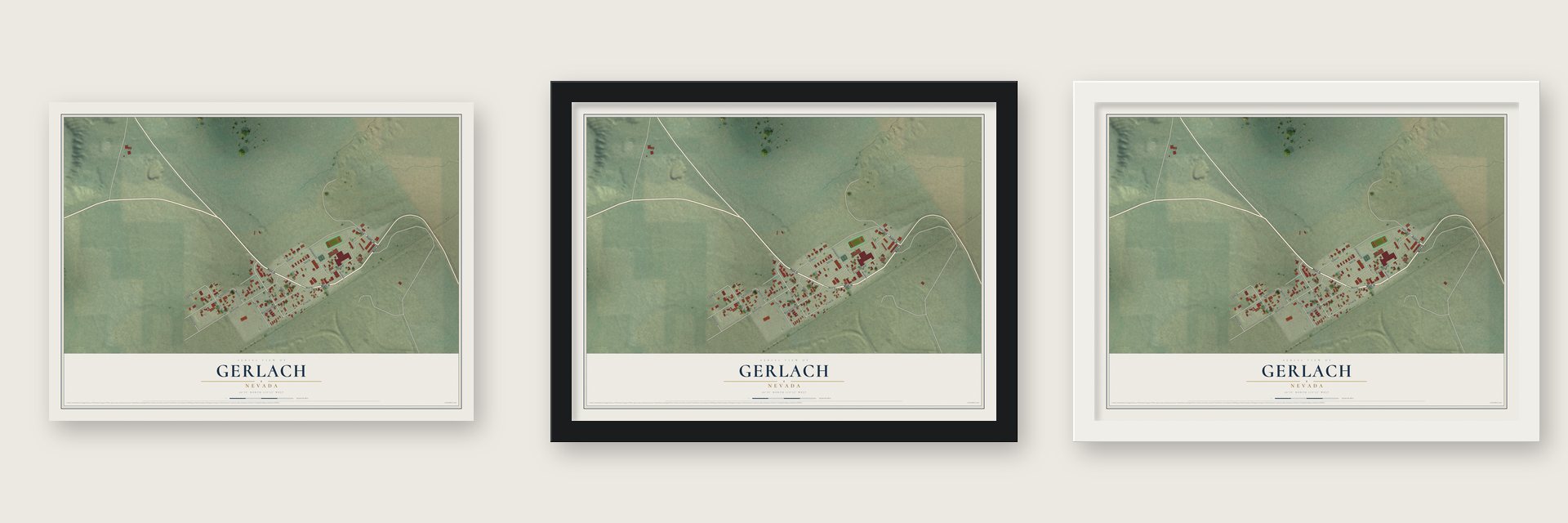 Gerlach, Nevada map unframed, in a black wood frame and in a white wood frame