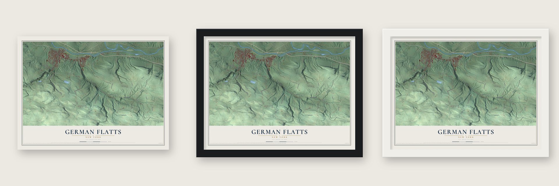 German Flatts, New York map unframed, in a black wood frame and in a white wood frame