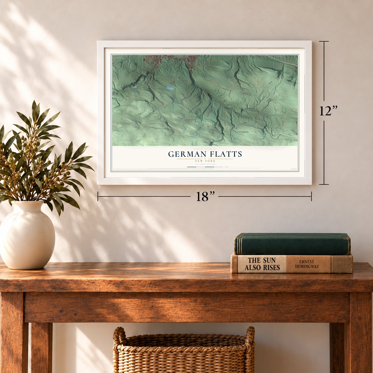 German Flatts, New York map, 12 x 18 inch print in a white frame in an entryway