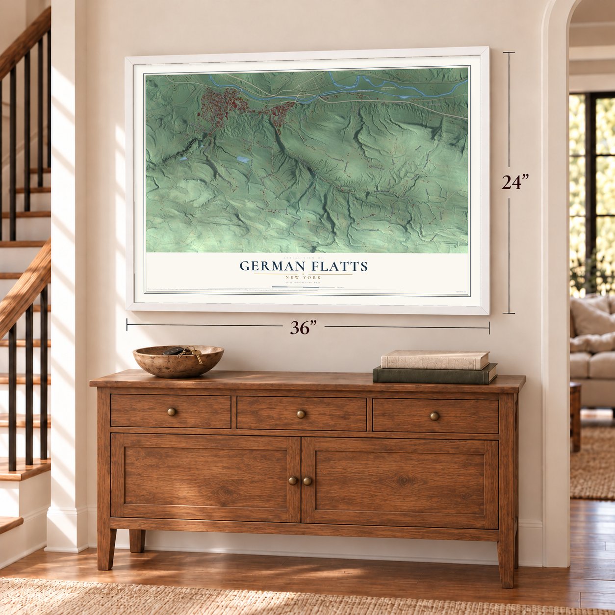 German Flatts, New York map, 24 x 36 inch print in a white frame above a dresser by a staircase