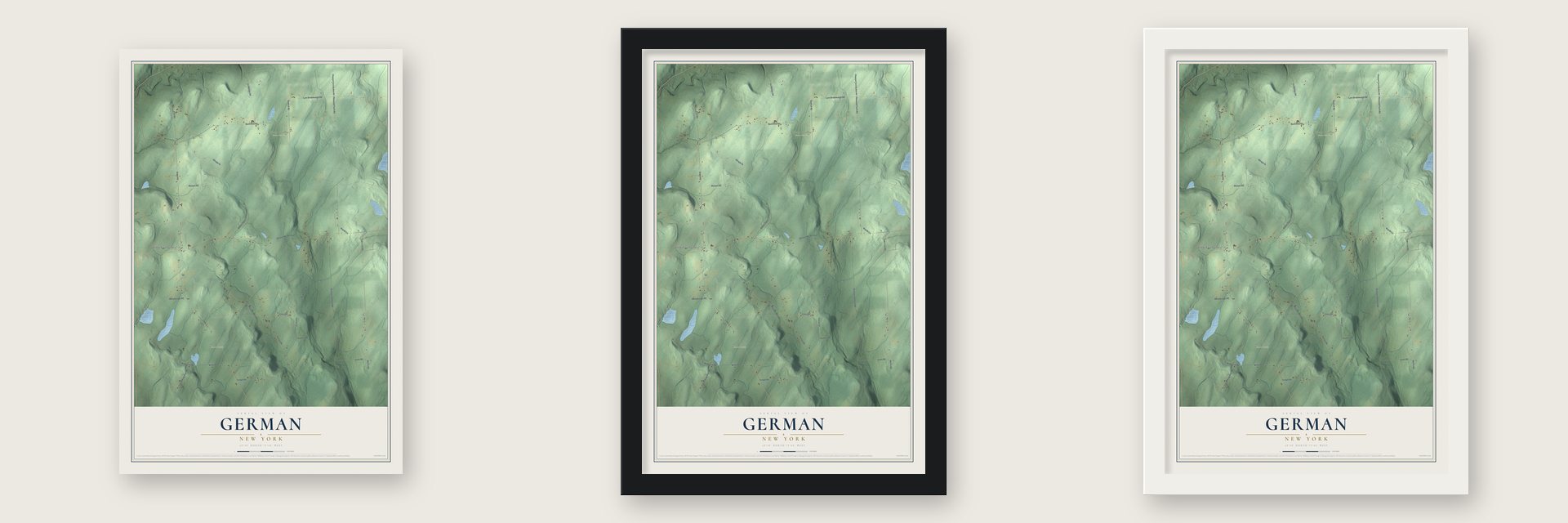 German, New York map unframed, in a black wood frame and in a white wood frame