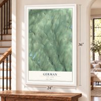 German, New York map, 24 x 36 inch print in a white frame by a staircase