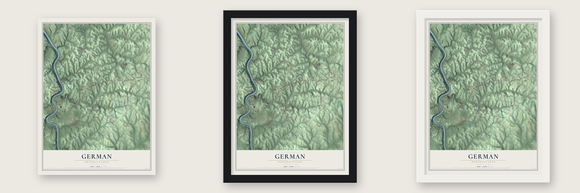 German, Pennsylvania map unframed, in a black wood frame and in a white wood frame