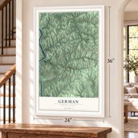 German, Pennsylvania map, 24 x 36 inch print in a white frame by a staircase