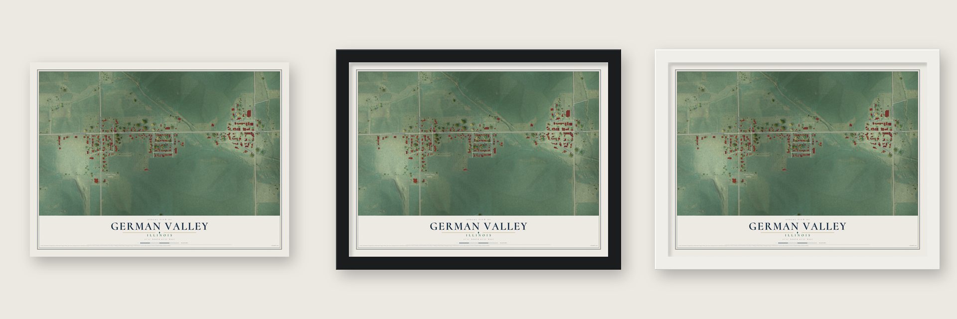German Valley, Illinois map unframed, in a black wood frame and in a white wood frame