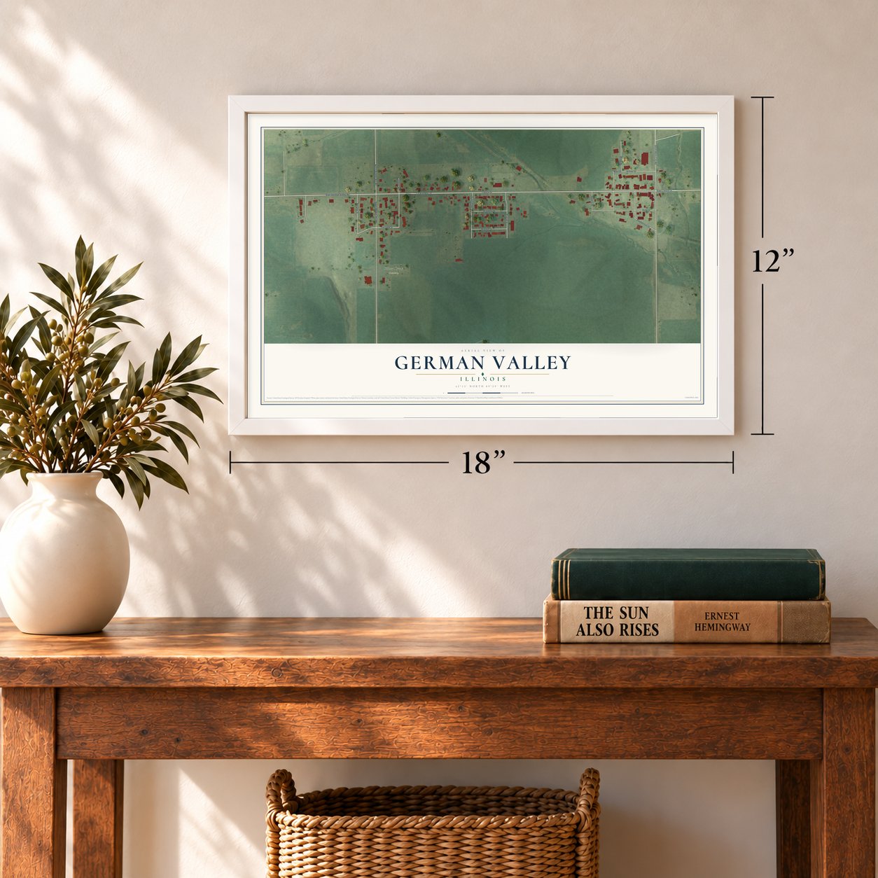 German Valley, Illinois map, 12 x 18 inch print in a white frame in an entryway