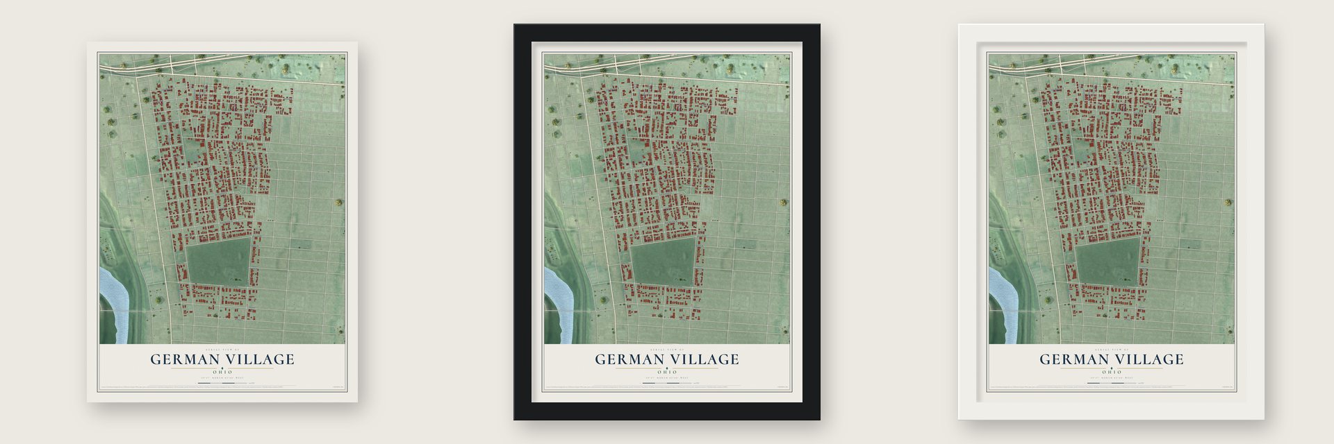 German Village, Ohio map unframed, in a black wood frame and in a white wood frame