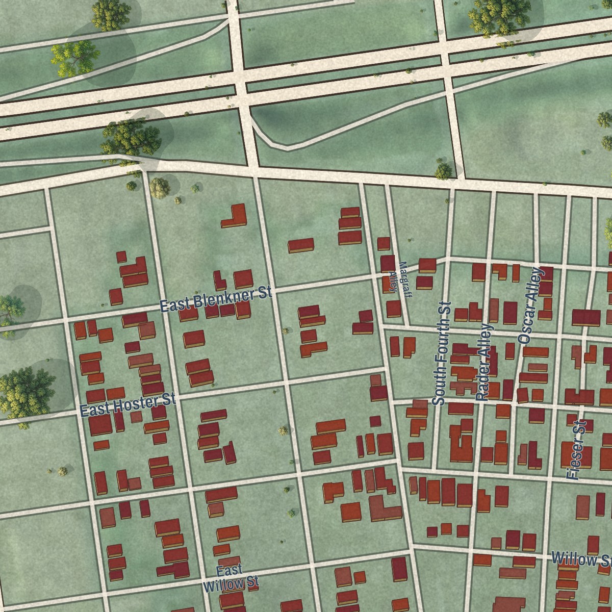 Second close-up of the map of German Village, Ohio print showing more streets and buildings