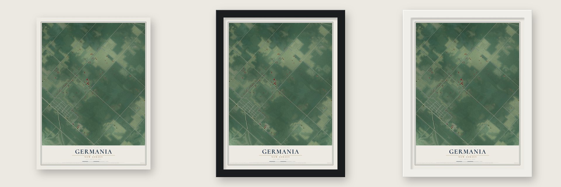 Germania, New Jersey map unframed, in a black wood frame and in a white wood frame