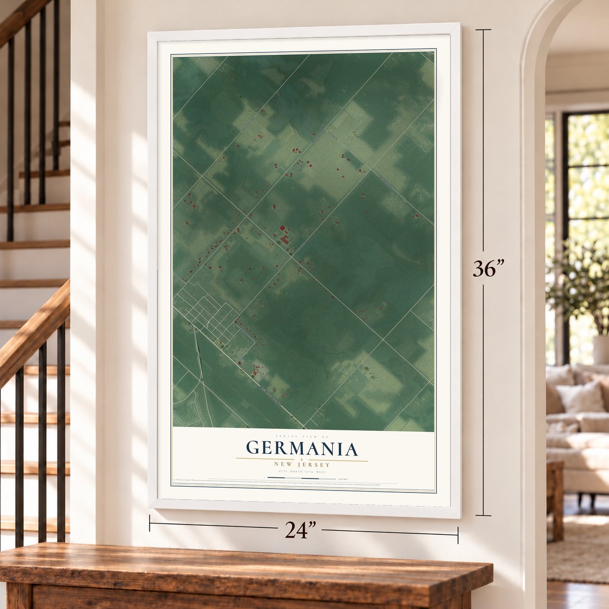 Germania, New Jersey map, 24 x 36 inch print in a white frame by a staircase