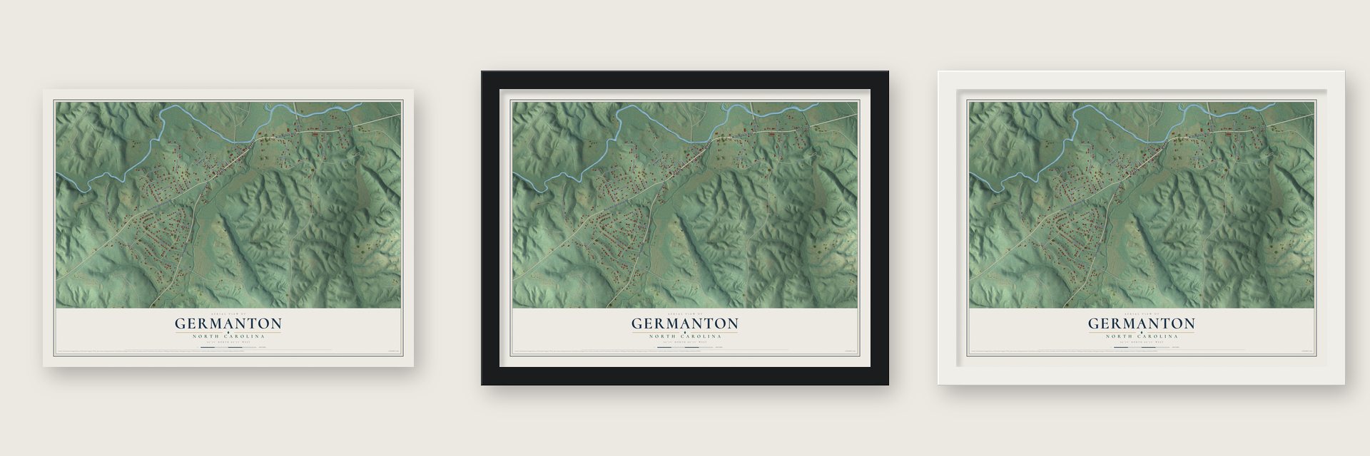 Germanton, North Carolina map unframed, in a black wood frame and in a white wood frame
