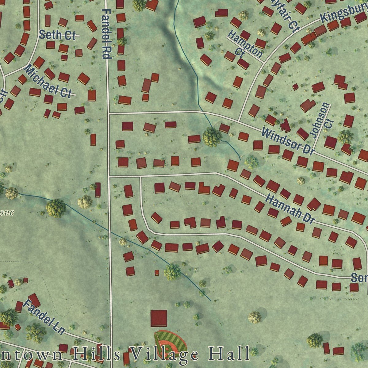 Second close-up of the map of Germantown Hills, Illinois print showing more streets and buildings
