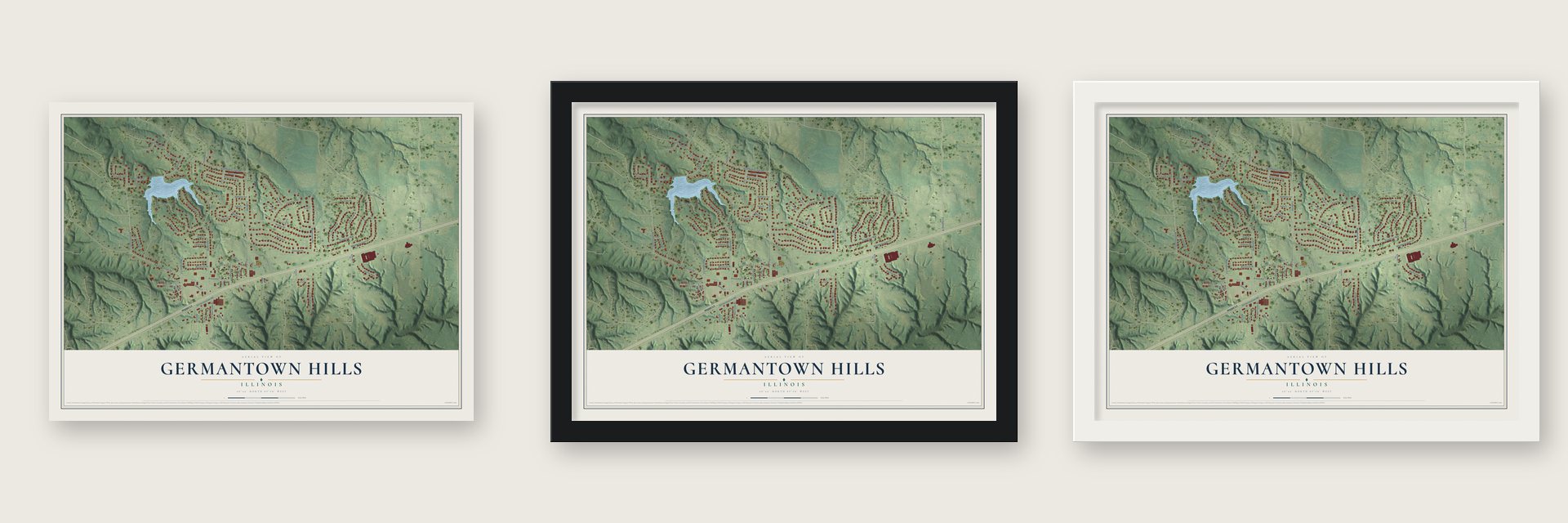 Germantown Hills, Illinois map unframed, in a black wood frame and in a white wood frame