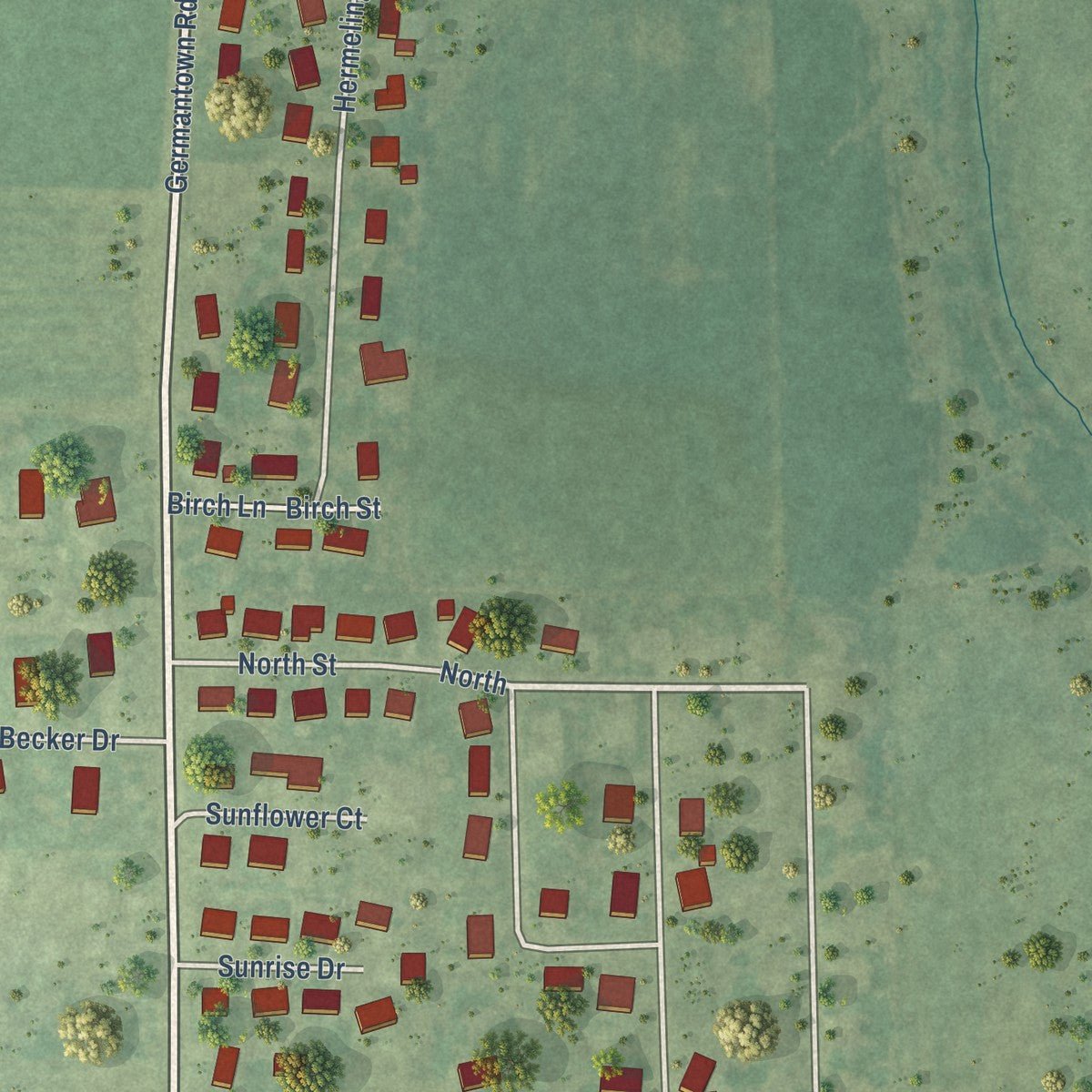Second close-up of the map of Germantown, Illinois print showing more streets and buildings