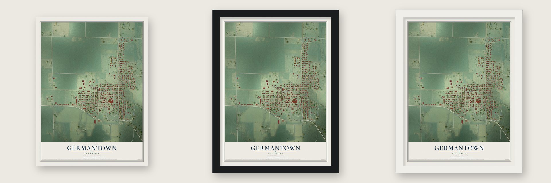 Germantown, Illinois map unframed, in a black wood frame and in a white wood frame